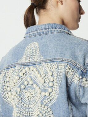 Sandro Pearl-Embroidered Denim Jacket – Size 3 (M/L) – Like New